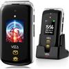VOCA V543 4G Telefono Cellulare per Anziani, Cellulare con apertura a conchiglia, Tasti Grandi, Volume alto, tasto SOS e base di ricarica (Nero)