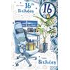 Xpress Yourself Biglietto di compleanno Express Yourself per il tuo 16° compleanno - tema bianco e blu con configurazione del computer da gioco e bella pianta vicino al tavolo con un regalo sulla sedia da gioco.