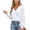HUXRAKV Elegante Camicie da Donna a Maniche Lunghe Collo a V Casual Camicetta Pizzo Patchwork Camicia da Lavoro Jacquard,WD17-Bianco,L
