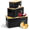 Lannvan Set di 3 Porta Patate Cucina, Contenitore Patate e Cipolle e Aglio, Contenitore per Patate con Coperchio e Fori di Ventilazione, Contenitori Salvaspazio Cucina Design Retrò (Nero)