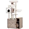 Hey-brother Tiragraffi con lettiera per gatti, moderna torre per gatti con grande piattaforma, mangiatoia e 2 amache, mobili per gatti all-in-one, in legno, grigio rustico EMPJ115SG