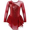 Freebily Abito da Pattinaggio Artistico Bambina Paillettes Glitter Vestito Danza Classica Leotards Manica Lunga Body da Ballo Latino Jazz Samba Rumba Balletto Danza Moderna Rosso 14 anni