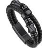Bandmax Bracciale in Pelle e Acciaio per Uomo, 19 cm, Nero, Portafortuna per Papà e Ragazzo - Idee Regalo