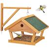 Relaxdays Casetta per Uccellini, Mangiatoia in Legno Dispenser di Mangime da Esterno, Decorazione da Giardino, Naturale