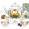 Teabloom Set Completo Fiori di Tè: Teiera in Vetro Borosilicato,12 Fiori di tè, Riscalda Teiera, 4 Tazze in Vetro a Doppio Strato, Infusore per Tè Sfuso - Perfetta Confezione Regalo