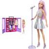 Barbie Fashionistas Armadio Moda Look Playset con bambola, richiudibile e trasportabile, abiti & Carriere Pop Star con Microfono, Bambola Capelli Rosa e Abiti Argento