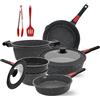 AIKENBBKK Set di Pentole e Padelle Antiaderenti con manici amovibili-Nero | Batteria di pentole 10 Pezzi in Alluminio con Coperchi, forno sicuro
