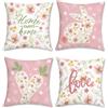 Bonhause Federe per Cuscini Fiore Primavera 45 x 45 cm Copricuscini Decorativi Coniglio Carota Fiori Foglie Rosa Federa per Cuscino Casa Giardino Pasqua Decorazione Set di 4