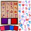 HOWAF 16pcs Legno Timbri per Bambini Ragazze Artigianato con Tampone d'Inchiostro 4pcs, Unicorno Sirena Principessa Cuore Arcobaleno Farfalla Timbri per Ragazze Fai-da-Te Scrapbooking Carta Mestieri