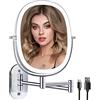 FUNTOUCH Specchio da trucco ricaricabile illuminato da parete, specchio ingranditore a doppia faccia 1X/7X, opzione 3 luci dimmerabile, braccio pieghevole estensione, specchio ovale da parete per