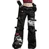 HAPPECA Donna Goth Pantaloni gotici Punk Skull Print Fibbia Nera gotici Harajuku Pantaloni a Vita Alta con Tasche Grandi Cargo Grunge