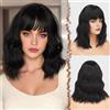 FESHFEN Nero Ondulato Corta Parrucca con Frangia, Parrucche Donna Bob Corte Parrucca Riccia Uso Quotidiano del Partito Sintetiche Parrucche per Donna 35cm