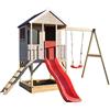 Wendi Toys M9 Casetta per i Bambini & Piattaforma e Scivolo | Casetta da Gioco per Bambini in Legno su Una Piattaforma di 90 cm con altalene, casa in Legno, Giardino, casetta da Gioco con Veranda