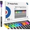 maxtek Pennarelli Lavagna Bianca Cancellabile, 12 Pennarelli Lavagna Magnetica Cancellabili a Secco, Pennarello per Lavagna con Punta Fine, Pennarello Cancellabile inodore con Cancellino
