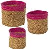 DRW - Set di 2 cestini Rotondi di Vimini in Toni Naturali e Fucsia 33 x 32 cm, 29 x 28 cm e 26 x 25 cm