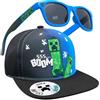 Minecraft Occhiali Sole Cappello Bambino Set Creeper Berretto Baseball Regolabile con Visiera e 100% UV Occhiali da Sole (6-14 Anni, Nero/Blu)