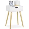 Relaxdays Comodino da Camera da Letto Bianco Stile Moderno & Scandinavo 1 Cassetto Tavolino HLP 60x40x30cm, bianco/legno