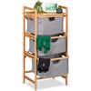 Relaxdays Scaffale in bambù, 3 Scomparti con Ceste Portabiancheria, Bagno & Camera, 96 x 44 x 34,5 cm, Naturale Grigio
