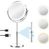 TopDirect Specchio Trucco con Luci 8 Pollici, Specchio Cosmetico 35 a 45 cm Regolabile Altezza, Ingranditore 1X/10X, 3 Modalità Colore e Rotazione a 360°, Doppia Faccia Specchio con Luci