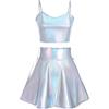 Odizli Costume alieno da donna in argento, sexy metallizzato, top crop top + gonna a pieghe, mini skater, gonne kawaii anni '90, burning, Halloween, abbigliamento laser argentato, spalline sottili M