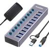 Tccmebius Hub USB 3.0 Alimentato, USB 3.0 / USB C a 10 Porte in Alluminio Trasmissione Dati 5Gbps, con Interruttore Indipendente LED, Adattatore di Alimentazione 12V/3A, 2-in-1 Cavo Dati(TCC-T310U)