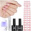 TOMICCA Set di punte per unghie in gel morbido, top coat e gel per unghie, 180 pezzi, punte corte per unghie a mandorla, mini lampada UV UV per buffer/lima, set per unghie con lampada per unghie, rosa