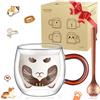Ecooe Simpatico Tazza Gatto in Vetro Doppia Parete 280ml - Bicchiere per Caffè, Cappuccino, Latte Macchiato - Con Manico e Cucchiaio - Borosilicato Trasparente