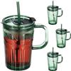 Relaxdays Set di 4 Bicchiere con Cannuccia e Coperchio, Set da 4 Tazze per Smoothie da 450 ml, in Vetro, Mug con Manico, Verde, 13 x 13 x 8.5 cm