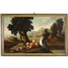 Dipinto Antico '700 Paesaggio con Figure Frutti Uccelli Olio su Tela