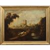 Dipinto Antico 700 Paesaggio con Edifici e Figure Olio su Tela Cornice