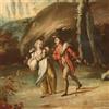 Dipinto ovale Antico 800-900 Paesaggio con Figure Pittura Olio su Tela