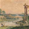 Dipinto di A. Oberto Paesaggio con Pastori e Rovine Olio su Tavola