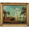 Quadro Antico Dipinto con Paesaggio Costiero Olio su Tela XIX Secolo