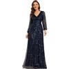 Ever-Pretty Vestito Vestito Donna Elegante Paillettes Scollo a V Manica della Lanterna Maniche Lunghe Gonna Lunga Abito da Sera Blu Navy 58