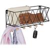 Relaxdays Portachiavi da Muro con Mensola, Accessorio 2in1, Metallo & Legno, Ganci Appendiabiti e Contenitore, Nero, Ferro