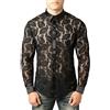 JOGAL Camicia a maniche lunghe da uomo in pizzo floreale trasparente, foglie nere, L