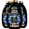 Garnier Ultra Dolce Shampoo Idratante Purificante per Capelli con Cute Grassa e Lunghezze Secche con Carbone Magnetico e Olio di Semi Neri di Nigella Vegan 94% di Origine Naturale - 3 Flaconi da 400ml