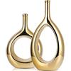 LCCCK Set di 2 Vasi Moderni Decorativi in Ceramica Placcato Oro, Vaso Dorato con Design Aperto Centrale, Centrotavola Elegante per Soggiorno, Sala da Pranzo, Camera da Letto e Ingresso - Altezza 30.5 cm