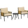 Outsunny Set da Giardino in Rattan con 2 Poltroncine con Cuscini e Tavolino Rotondo in Vetro, Beige|Aosom