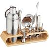 Relaxdays Set da Cocktail, 16 Accessori per Barman Kit Bar, Supporto, Shaker, Misurino, Pinza Ghiaccio, Argento Naturale, Acciaio Inox