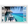 Lichi Adesivo da parete in 3D per finestra, motivo: oceano, spiaggia, albero di cocco, paesaggio con villa