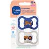 MAM Supreme Set di 2 ciucci in silicone, set ciuccio con scatola porta ciuccio, riduce il rischio di posizionamento errato dei denti, lascia respirare la pelle del bambino, 18+ mesi, colore assortiti