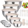 Terlulu Set di 6 ciotole per insalata, in acciaio inox, con coperchio e fondo in silicone, 3 grattugie, 4,7 l/3,8 l/2,8 l/1,9 l/1,4 l/0,6 l, antiscivolo e impilabili, colore cachi