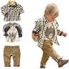 MERCIYD Set di abbigliamento casual per bambini, 3 pezzi, maglietta + camicia a quadri + pantaloni kaki, marrone, 3-4 Anni