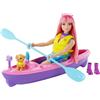 Barbie - Siamo in Due Playset Campeggio con Bambola Daisy Curvy con Capelli Rosa da 29,2 cm, Cagnolino, Kayak e Accessori da Campeggio, Giocattolo per Bambini 3+ Anni, HDF75