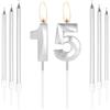mciskin Candele per torta in argento 15 con numero 15 3D per torta con set di 6 candele lunghe/sottili, topper per torta in argento per ragazza ragazzo 15° compleanno, decorazioni per 15° anniversario