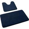Rururug Set di 2 tappeti da bagno e tappetino da bagno in morbida microfibra, con intaglio, antiscivolo, lavabile, colore: blu navy, 50 x 80 cm + 50 x 40 cm