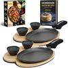 Tortillada - Padella per Fajita in ghisa da 25 cm/Set di padelle per Fajitas - incl. vassoio in legno + 2 ciotole in ceramica per intingoli (Set of 2)