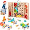 XIAPIA Cassetta Attrezzi in Legno Giochi per Bambini 2 3 4 5 6 Anni, Gioco Montessori Banco da Lavoro Kit di Valigetta Attrezzi 29 Pezzi, Giocattoli Educativi Regalo per Bambino Bambina (65 Pezzi)