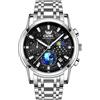 FORSINING Orologio da uomo analogico al quarzo, 20 mm, in acciaio inox, con fasi lunari, cielo stellato, quadrante grande, alla moda, luminoso, Nero , Bracciale